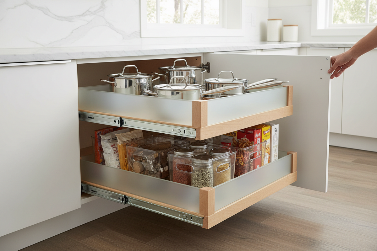 Pull-Out Cabinet Shelves | Easy Access Kitchen Storage Solutions ...